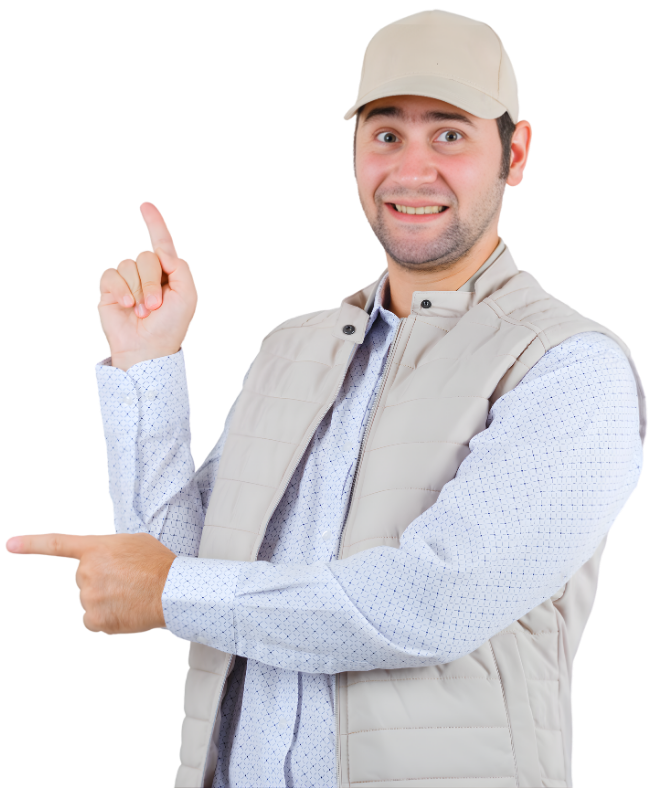 a man wearing a cap pointing above and beside